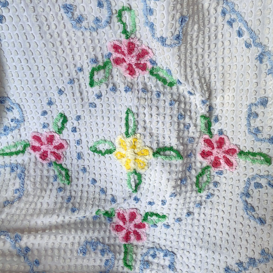 Vintage Chenille Cotton Fringed Bedspread w/ Flowers in Pink Yellow Blue Green