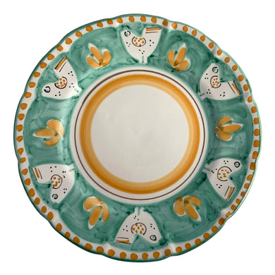 Gorgeous vintage hand painted round Vietri ceramic serving plate. This playful pottery is decorated with white chickens against aqua glaze, with yellow greenery, dots and central band on a white ground. Crafted by Solimene Art , Italy, circa 2007. A lovely serving plate for casual dining.  In excellent condition. Free from chips/cracks. Makers mark on the bottom.  Measures 11 3/4 x 1 3/4 inches