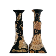 Load image into Gallery viewer, Vintage Chinoiserie style porcelain candle holders decorated in black with peach lustre lily flowers and birds. Crafted in Japan, 1960s. A beautiful complement to any decor style.

In good vintage condition, no chips. Unmarked.

Measures 3 7/8 x 3 7/8 x 8 7/8
