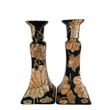 Load image into Gallery viewer, Vintage Chinoiserie style porcelain candle holders decorated in black with peach lustre lily flowers and birds. Crafted in Japan, 1960s. A beautiful complement to any decor style.

In good vintage condition, no chips. Unmarked.

Measures 3 7/8 x 3 7/8 x 8 7/8

