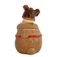 Load image into Gallery viewer, Adorable vintage, mid-century era anthropomorphic chipmunk ceramic cookie jar. Crafted by Royal Sealy, Japan, 1950s. A delightful addition to your cookie jar collection and kitchen decor!

In great vintage condition with wear to the cold paint, no chips, normal crazing commensurate with age. A crazing line extends to the unglazed portion of the lid and there is an X crazing mark on the bottom, neither goes through to the other side.

Measures 6 1/4 x 6 3/4 x 12 1/2 inches
