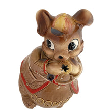 Load image into Gallery viewer, Adorable vintage, mid-century era anthropomorphic chipmunk ceramic cookie jar. Crafted by Royal Sealy, Japan, 1950s. A delightful addition to your cookie jar collection and kitchen decor!

In great vintage condition with wear to the cold paint, no chips, normal crazing commensurate with age. A crazing line extends to the unglazed portion of the lid and there is an X crazing mark on the bottom, neither goes through to the other side.

Measures 6 1/4 x 6 3/4 x 12 1/2 inches
