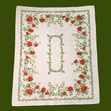 Load image into Gallery viewer, Festive vintage natural cotton Christmas rectangular tablecloth featuring Poinsettia flowers, pine cones and holly border in shades of red, green and brown. A lovely table covering to add festive flair to your holiday celebration!

In excellent condition, free from stains/tears.

Measures 50 x 62 inches
