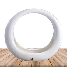 Load image into Gallery viewer, Vintage retro art deco style circular ceramic planter finished in glossy white glaze and felted bottom. Crafted by Sedan Manufacturing, Canada, circa 1980s. Nestle in a few of your favourite plants or succulents to create a lovely container garden or put together a sweet holiday display with bottle brush Christmas trees and ornaments.
