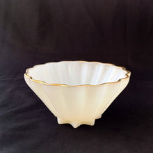Load image into Gallery viewer, Vintage "Classic Milk Glass" fruit bowls with a scalloped design and gold edge. Produced by Anchor Hocking Glass Co. Circa 1970.  In excellent condition.  Measures 5-1/4" x 2-1/2"
