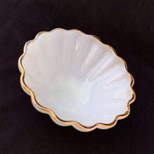 Load image into Gallery viewer, Vintage "Classic Milk Glass" fruit bowls with a scalloped design and gold edge. Produced by Anchor Hocking Glass Co. Circa 1970.  In excellent condition.  Measures 5-1/4" x 2-1/2"
