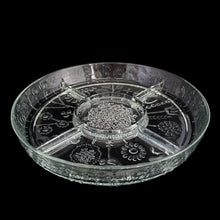 Load image into Gallery viewer, Vintage clear crystal glass divided relish dish and snack platter, featuring a raised floral design in the style of Oiva Toikka's Flora pattern. Crafted by Italglass, Italy, 1960s. The lovely serving tray catches the light from every angle, adding classic charm to both everyday entertaining and special occasions. Makes a thoughful hostness or housewarming gift.

In excellent condition, no chips.

Measures 13 1/2 x 2 inches

