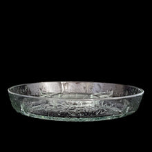 Load image into Gallery viewer, Vintage clear crystal glass divided relish dish and snack platter, featuring a raised floral design in the style of Oiva Toikka's Flora pattern. Crafted by Italglass, Italy, 1960s. The lovely serving tray catches the light from every angle, adding classic charm to both everyday entertaining and special occasions. Makes a thoughful hostness or housewarming gift.

In excellent condition, no chips.

Measures 13 1/2 x 2 inches
