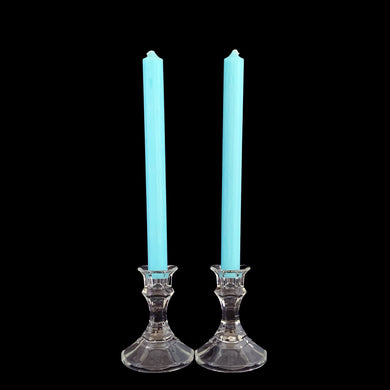 Pair of vintage clear crystal glass single light candle holders. Crafted by American Stemware, USA, circa 1980s. Add these beauties to your decor for a nice bit of sparkle.  In excellent condition, no chips.  Measures 1/8 x 4 1/4 inches