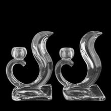Load image into Gallery viewer, Pair of Hollywood Regency style pressed glass New Martinsville Epic Flame single lite candle holders. Viking Art Glass, 1950s. A gorgeous set to add to your art glass collection.

In excellent condition, no chips.

Measures 5 x 3 3/8 x 6 1/2 inches
