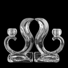 Load image into Gallery viewer, Pair of Hollywood Regency style pressed glass New Martinsville Epic Flame single lite candle holders. Viking Art Glass, 1950s. A gorgeous set to add to your art glass collection.

In excellent condition, no chips.

Measures 5 x 3 3/8 x 6 1/2 inches
