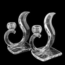 Load image into Gallery viewer, Pair of Hollywood Regency style pressed glass New Martinsville Epic Flame single lite candle holders. Viking Art Glass, 1950s. A gorgeous set to add to your art glass collection.

In excellent condition, no chips.

Measures 5 x 3 3/8 x 6 1/2 inches

