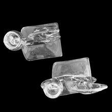 Load image into Gallery viewer, Pair of Hollywood Regency style pressed glass New Martinsville Epic Flame single lite candle holders. Viking Art Glass, 1950s. A gorgeous set to add to your art glass collection.

In excellent condition, no chips.

Measures 5 x 3 3/8 x 6 1/2 inches
