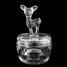 Load image into Gallery viewer, Vintage clear glass lidded powder jar with embossed deer fawn motif, Jeannette Glass, full view with lid
