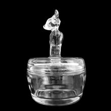 Load image into Gallery viewer, Opposite side profile of vintage clear glass Jeannette Glass powder jar with raised deer fawn design
