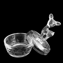 Load image into Gallery viewer, Vintage clear glass deer fawn lidded powder jar with lid removed and placed beside jar, Jeannette Glass
