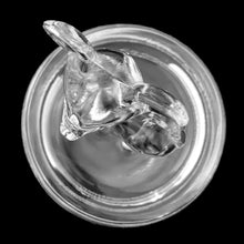 Load image into Gallery viewer, Overhead or styled view of vintage clear glass Jeannette Glass deer fawn lidded powder jar, vintage home decor accent
