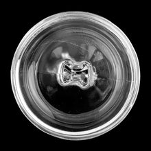 Load image into Gallery viewer, Underside lid view of vintage Jeannette Glass clear glass deer fawn powder jar shown with scale reference, vintage vanity decor

