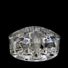Load image into Gallery viewer, Side profile of L.E. Smith 11-hole clear glass flower frog showing three feet and dome form, vintage decor
