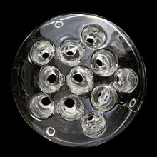 Load image into Gallery viewer, L.E. Smith clear glass flower frog, 11-hole with 3 feet, vintage floral arranging tool, top view
