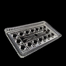 Load image into Gallery viewer, Federal Glass Windsor tray, angled three-quarter view — rectangular clear glass tray with raised Button &amp; Cane pattern across the base, smooth rim
