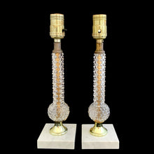 Load image into Gallery viewer, Pair of vintage 1950s Italian mid-century clear hobnail glass table lamps with white marble bases, full front view
