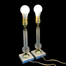 Load image into Gallery viewer, Angled side view of matched pair of vintage hobnail glass and marble table lamps showing slender candlestick silhouette, in working condition
