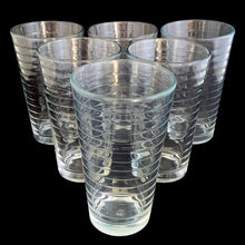 Load image into Gallery viewer, Set of six vintage Libbey clear glass tumblers with horizontal hoop ribbing, arranged in a pyramid formation
