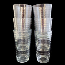 Load image into Gallery viewer, Six vintage Libbey clear glass hoop tumblers stacked in two columns of three, showing the ribbed exterior pattern and stackable profile
