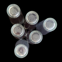 Load image into Gallery viewer, Bottom view of six vintage Libbey clear glass hoop tumblers showing the ribbed exterior and base detail with maker's marks
