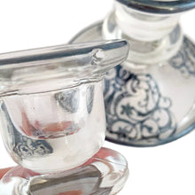Load image into Gallery viewer, Vintage Pair of Clear Single Lite Candle Holders w/ Urn Scrolls Silver Overlay
