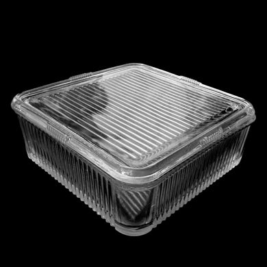 Vintage clear depression glass refrigerator box featuring a ribbed design. Crafted by Federal Glass, USA, 1930s. This large box is perfect for storing fresh food, leftovers and is ideal for bringing your favourite dish to a potluck!

In excellent condition, no chips.

Measures 8 1/2 x 8 1/2 x 3 inches