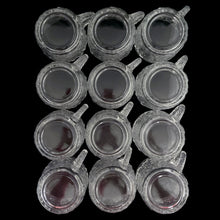 Load image into Gallery viewer, Vintage clear Soreno pressed glass punch bowl and 12 matching cups featuring a textured bark surface. Crafted by Anchor Hocking, USA, 1966 - 1970. Perfect for serving your favourite concocted beverages.

All in excellent condition, no chips.

Bowl measures 12 3/4 x 6 inches

Cups measure 3 x 2 5/8 inches
