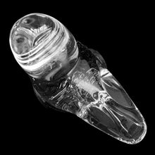 Load image into Gallery viewer, Overhead detail view of vintage Ron Ray clear glass Bird of Happiness figurine shown backlit, light refracting through sculptural art glass, 1990s USA
