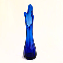 Load image into Gallery viewer, Add some retro style to your home&#39;s decor with this highly collectible vintage cobalt blue five finger swung glass vase. Made in Taiwan. Start your collection with this beauty...they come in a rainbow of colours!  In excellent condition, free from chips or cracks.  Measures 2 3/4 x 10 1/2 inches 
