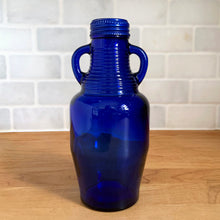 Load image into Gallery viewer, Front view of vintage cobalt blue Luna Café bottle by Madera Glass Co., California USA, 1998
