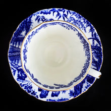 Load image into Gallery viewer, Classic &quot;Mikado&quot; flat cup and saucer with asian themed design in cobalt blue on white bone china with gold gilt rim. Craft by Royal Crown Derby, England, circa 1940s.  In excellent condition, free from chips/cracks.  Teacup measures 3 x 2 3/8 inches | Saucer measures 5 1/2 inches
