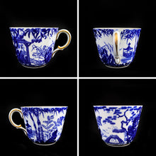 Load image into Gallery viewer, Classic &quot;Mikado&quot; flat cup and saucer with asian themed design in cobalt blue on white bone china with gold gilt rim. Craft by Royal Crown Derby, England, circa 1940s.  In excellent condition, free from chips/cracks.  Teacup measures 3 x 2 3/8 inches | Saucer measures 5 1/2 inches
