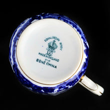 Load image into Gallery viewer, Classic &quot;Mikado&quot; flat cup and saucer with asian themed design in cobalt blue on white bone china with gold gilt rim. Craft by Royal Crown Derby, England, circa 1940s.  In excellent condition, free from chips/cracks.  Teacup measures 3 x 2 3/8 inches | Saucer measures 5 1/2 inches
