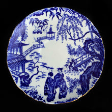 Load image into Gallery viewer, Classic &quot;Mikado&quot; flat cup and saucer with asian themed design in cobalt blue on white bone china with gold gilt rim. Craft by Royal Crown Derby, England, circa 1940s.  In excellent condition, free from chips/cracks.  Teacup measures 3 x 2 3/8 inches | Saucer measures 5 1/2 inches
