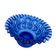 Load image into Gallery viewer, Highly collectible and rare cobalt blue &quot;Moon and Stars&quot; pressed glass  compote with crimped edge. Crafted by LE Smith Glass, circa 1960s. A gorgeous piece to add to your new or growing collection!  In excellent condition, free from chips.  Measures 7 3/4 x 4 1/4 inches
