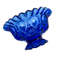 Load image into Gallery viewer, Highly collectible and rare cobalt blue &quot;Moon and Stars&quot; pressed glass  compote with crimped edge. Crafted by LE Smith Glass, circa 1960s. A gorgeous piece to add to your new or growing collection!  In excellent condition, free from chips.  Measures 7 3/4 x 4 1/4 inches
