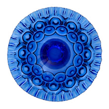 Load image into Gallery viewer, Highly collectible and rare cobalt blue &quot;Moon and Stars&quot; pressed glass  compote with crimped edge. Crafted by LE Smith Glass, circa 1960s. A gorgeous piece to add to your new or growing collection!  In excellent condition, free from chips.  Measures 7 3/4 x 4 1/4 inches
