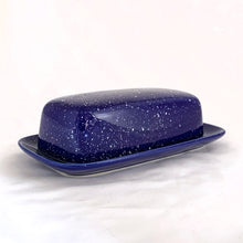 Load image into Gallery viewer, Fabulous cobalt blue with white speckles covered butter dish. Produced by Stoneware Sensation, Japan, circa 1970.  In excellent condition, no chips or cracks.  Measures 8 x 4 1/2 x 2 1/2 inches
