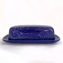 Load image into Gallery viewer, Fabulous cobalt blue with white speckles covered butter dish. Produced by Stoneware Sensation, Japan, circa 1970.  In excellent condition, no chips or cracks.  Measures 8 x 4 1/2 x 2 1/2 inches
