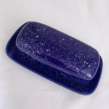 Load image into Gallery viewer, Fabulous cobalt blue with white speckles covered butter dish. Produced by Stoneware Sensation, Japan, circa 1970.  In excellent condition, no chips or cracks.  Measures 8 x 4 1/2 x 2 1/2 inches
