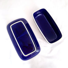 Load image into Gallery viewer, Fabulous cobalt blue with white speckles covered butter dish. Produced by Stoneware Sensation, Japan, circa 1970.  In excellent condition, no chips or cracks.  Measures 8 x 4 1/2 x 2 1/2 inches
