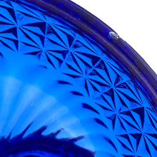Load image into Gallery viewer, Large vintage cobalt blue love birds 3-footed, lidded candy dish, Byrdes reproduction. A licensed reproduction of the Hofbauer Byrdes model, 1990s. A gorgeous vessel to stash candy, keys, cotton balls and more!!!

In vintage condition with minor smooth chip to the outer rim and minor flea bites to both pieces which do not detract from the beauty of this piece thanks to the deep colour of the glass which tends to hide small issues.

Measures 7 1/2 x 7 1/2 inches

