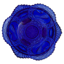 Load image into Gallery viewer, Large vintage cobalt blue love birds 3-footed, lidded candy dish, Byrdes reproduction. A licensed reproduction of the Hofbauer Byrdes model, 1990s. A gorgeous vessel to stash candy, keys, cotton balls and more!!!

In vintage condition with minor smooth chip to the outer rim and minor flea bites to both pieces which do not detract from the beauty of this piece thanks to the deep colour of the glass which tends to hide small issues.

Measures 7 1/2 x 7 1/2 inches
