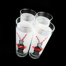 Load image into Gallery viewer, Vintage Coca-Cola Tom Collins cocktail glasses, featuring an illustrated Coke bottle with two red striped straws on a frosted band. Set of 4, Anchor Hocking, USA. Makes a great gift for the Coke collector in your life!  In excellent condition, free from chips/wear.  Measures 2 1/2 x 6 3/4 inches
